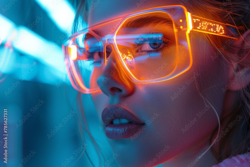 A woman wearing neon glasses stands in a brightly lit room, adding a pop of color to the surroundings