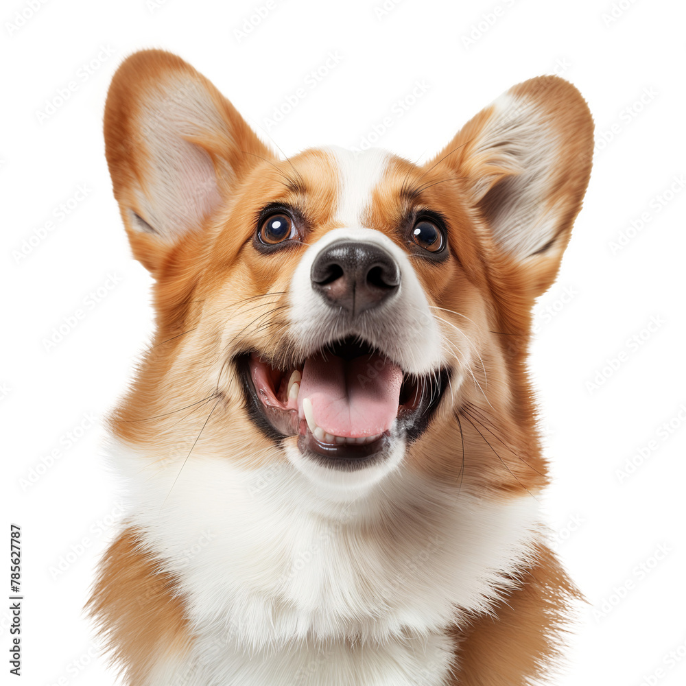 Head portrait of a cardigan welsh corgi dog looking excited with mouth open and tongue out Head portrait of a cardigan welsh corgi dog looking excited with mouth open and tongue out