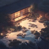 An enchanting night scene of a minimalist Japanese garden featuring traditional architecture and serene pond under the soft glow of lanterns.