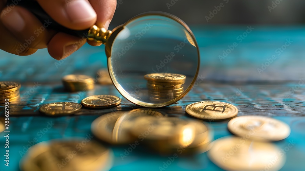 Financial inspection concept, magnifying glass and coins on table ...