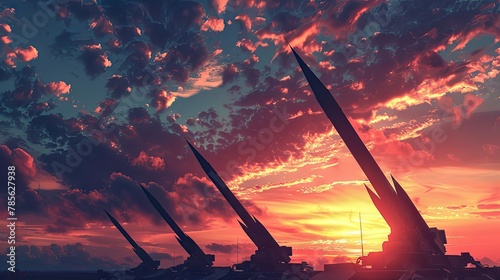 Missiles pierce the sky at sunset, showcasing the might of military defense systems.