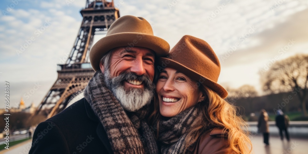 Mature couple showing love near eiffel tower.  Paris the city of love. Generative AI.