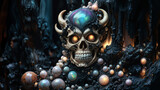 Opulent, jeweled human skull with horns, cranium and eye sockets are inlaid with mesmerizing, iridescent mystical opal. Exquisite artifact with lavish large pearls in an enigmatic dark cave.