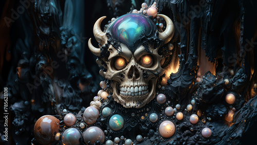 Opulent, jeweled human skull with horns, cranium and eye sockets are inlaid with mesmerizing, iridescent mystical opal. Exquisite artifact with lavish large pearls in an enigmatic dark cave.