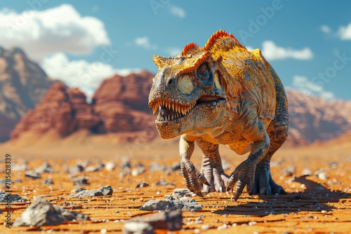 A dinosaur strides across a rocky desert landscape under the scorching sun photo