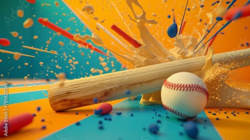 Baseball bat and ball, sports equipment on bright field background, ball in motion after being hit