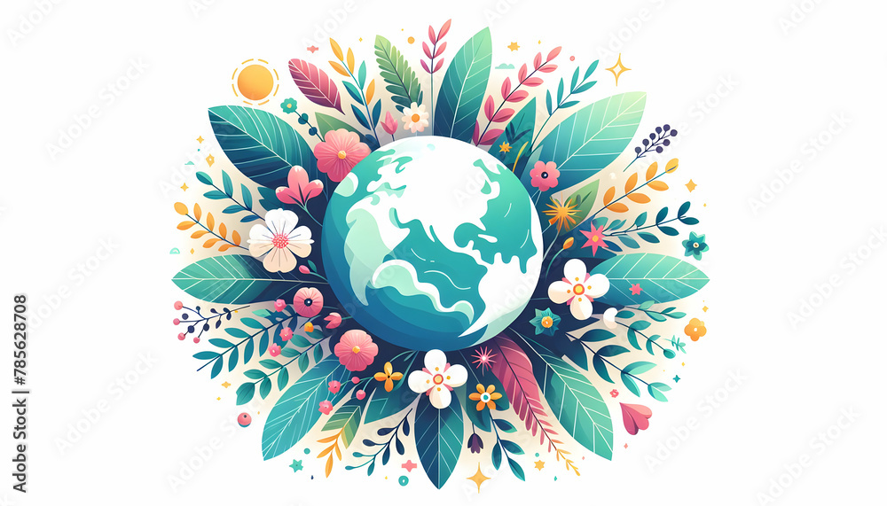 Floral Earth Day Tribute: A Simple Flat Vector Illustration Dedicated to the Beauty and Health of Our Planet, Earth Day Theme with Isolated White Background