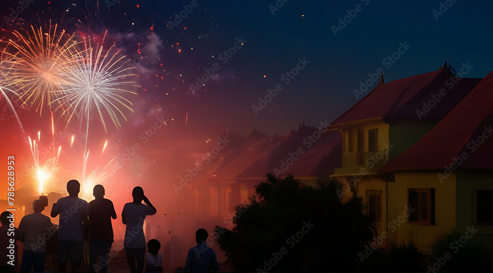 Diwali Fire Cracker and firework explosions in sky, Cracker Explosive splash red, yellow, green color powder dusk with people watching the sky from their houses. wide background copy space, nght
