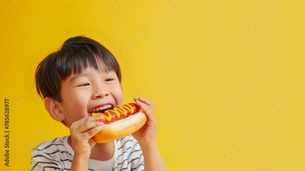 Happy Asian Boy Eating a Hot Dog With Mustard On a Yellow Background With Copy Space Happy Asian Boy Eating a Hot Dog With Mustard On a Yellow Background With Copy Space
