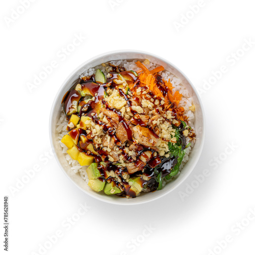 Overhead view of Miso Chicken Poke Bowl on white background with clipping PATH