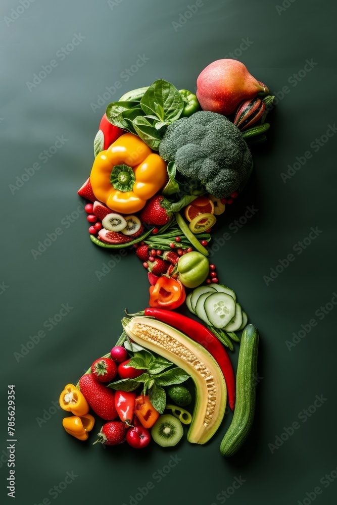 Figure of a girl made from vegetables and fruits, promotion of healthy eating, Generative AI.