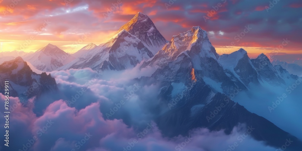 Panoramic view of snow mountains range landscape. Generative AI. Panoramic view of snow mountains range landscape. Generative AI.
