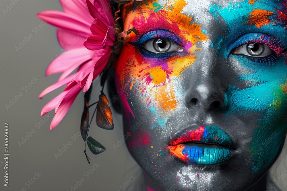 Vibrant Color Splash on Woman's Face with Grayscale Contrast and Pink Flower Vibrant Color Splash on Woman's Face with Grayscale Contrast and Pink Flower