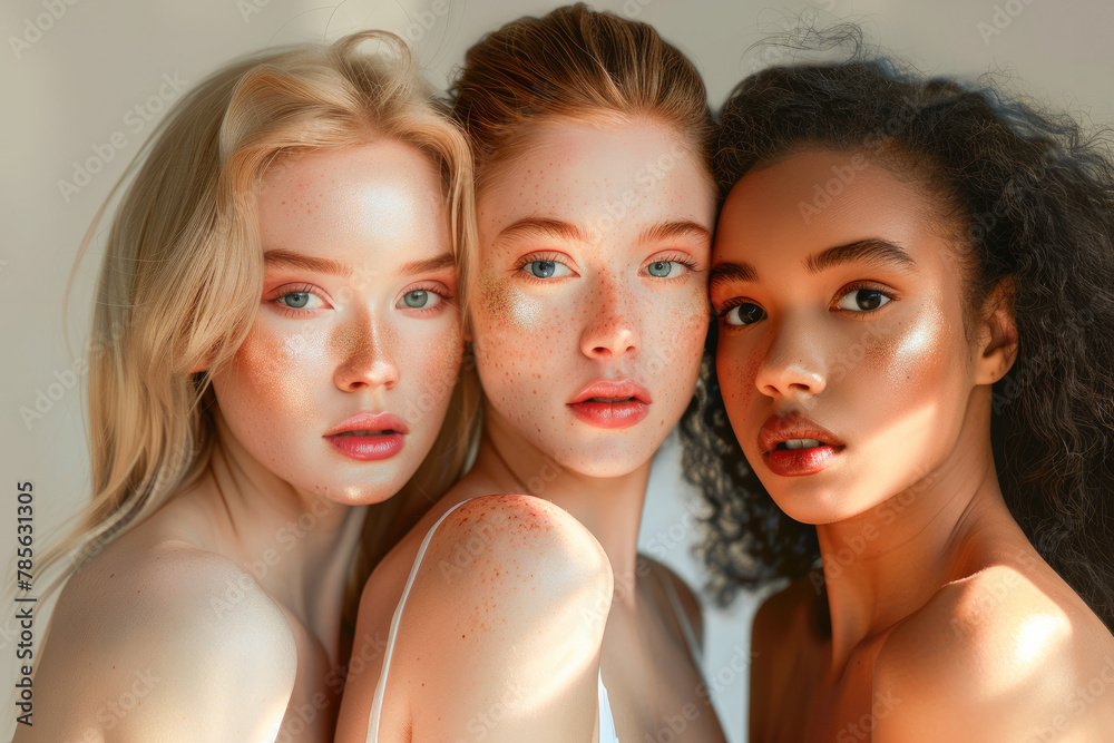 Fashion portrait of a diverse group of young women with natural make up and healthy skin. Three multi-ethnic models with different skin tones on isolated background. Fashion portrait of a diverse group of young women with natural make up and healthy skin. Three multi-ethnic models with different skin tones on isolated background.