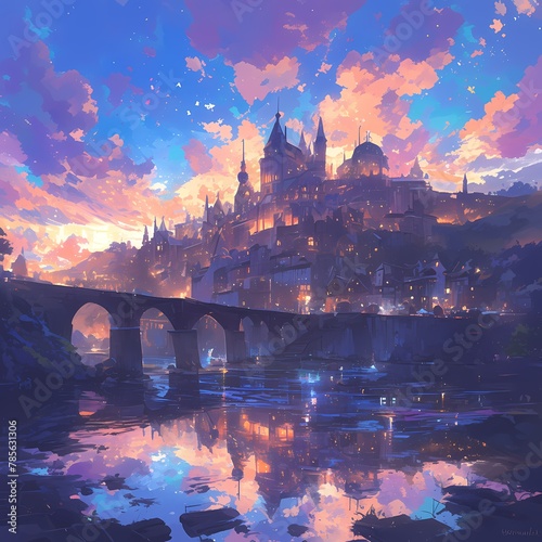Mystical Fantasy Kingdom at Dusk: Bridge, Citadel, and Quiet Waters