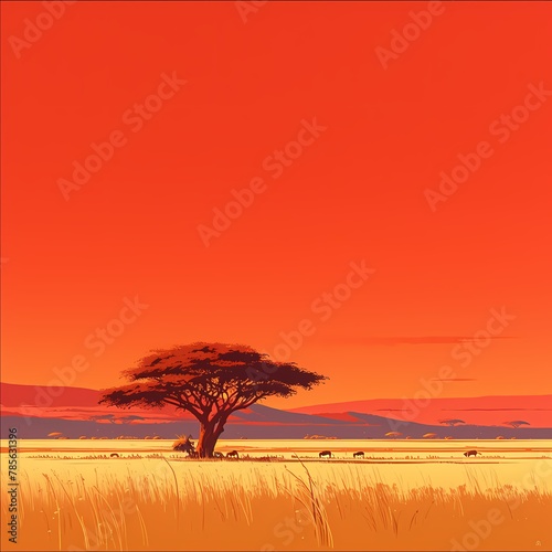 Vibrant African Savanna at Sunrise - Wildlife and Nature