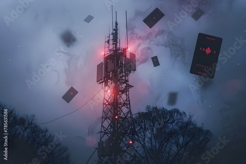 Dramatic Radio Tower Amid Stormy Skies with Podcast Episode Banners