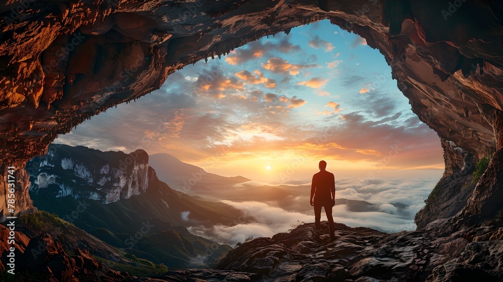 Solitary figure stands at cave entrance, contemplating vast landscape at sunset. Tranquil scenery, nature's beauty captured. Inspirational moment. AI - obrazy, fototapety, plakaty 
