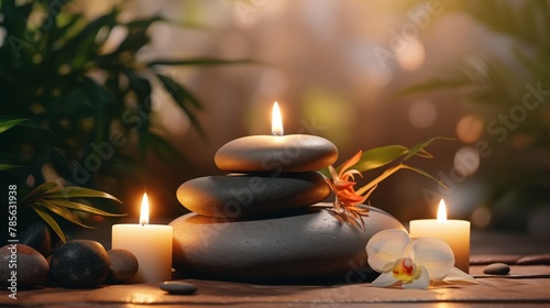 Spa Concept Massage Stones With Towels And Candles In Natural Background.