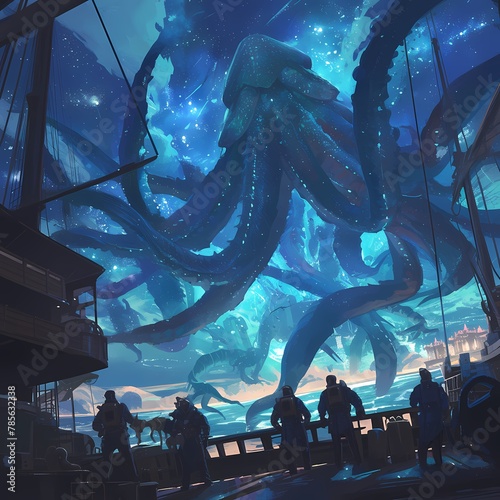 Polar Explorers Witness Stunning Blue Octopus Ascending Above Their Ship in a Starry Sky