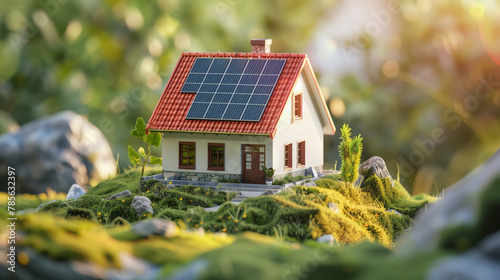 A small model house with solar panels on the roof, surrounded by greenery and trees. © SerPhoto