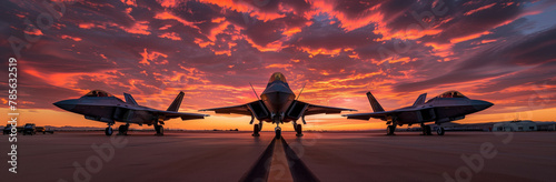 Modern fighter jets on the airfield runway against the backdrop of sunset. Banner. photo