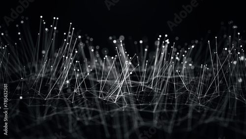 Network connection points and lines. Data technology illustration. Abstract background with dynamic wave. Plexus. Black and white background. 3D vector illustration photo
