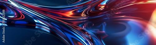 Abstract background blue and red gradient, curved lines of light, a shiny chrome texture. Banner.