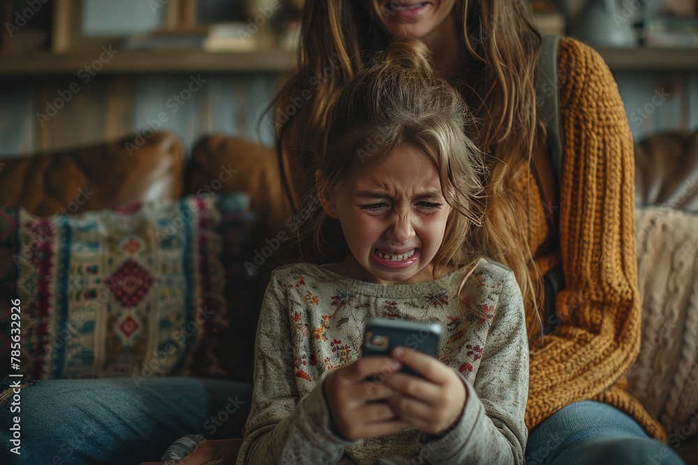 Fototapeta premium A girl is sitting on a couch with her mother. The girl is holding a cell phone and he is upset