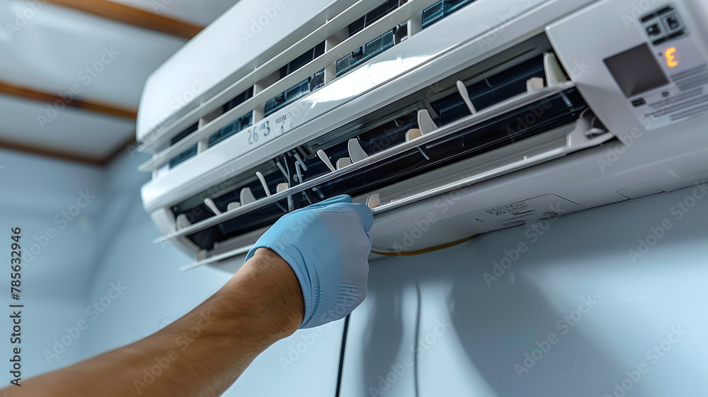 close-up of repairman fixing air conditioner close-up of repairman fixing air conditioner