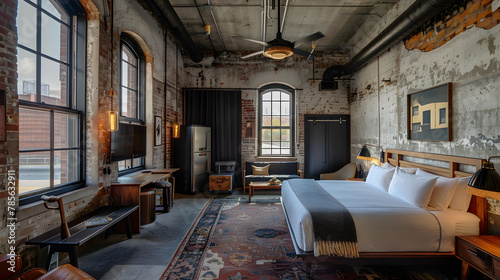 An adaptive-reuse boutique hotel in a historic building preserving original architectural elements while incorporating modern sustainable practices like geothermal cooling and LED lighting. photo