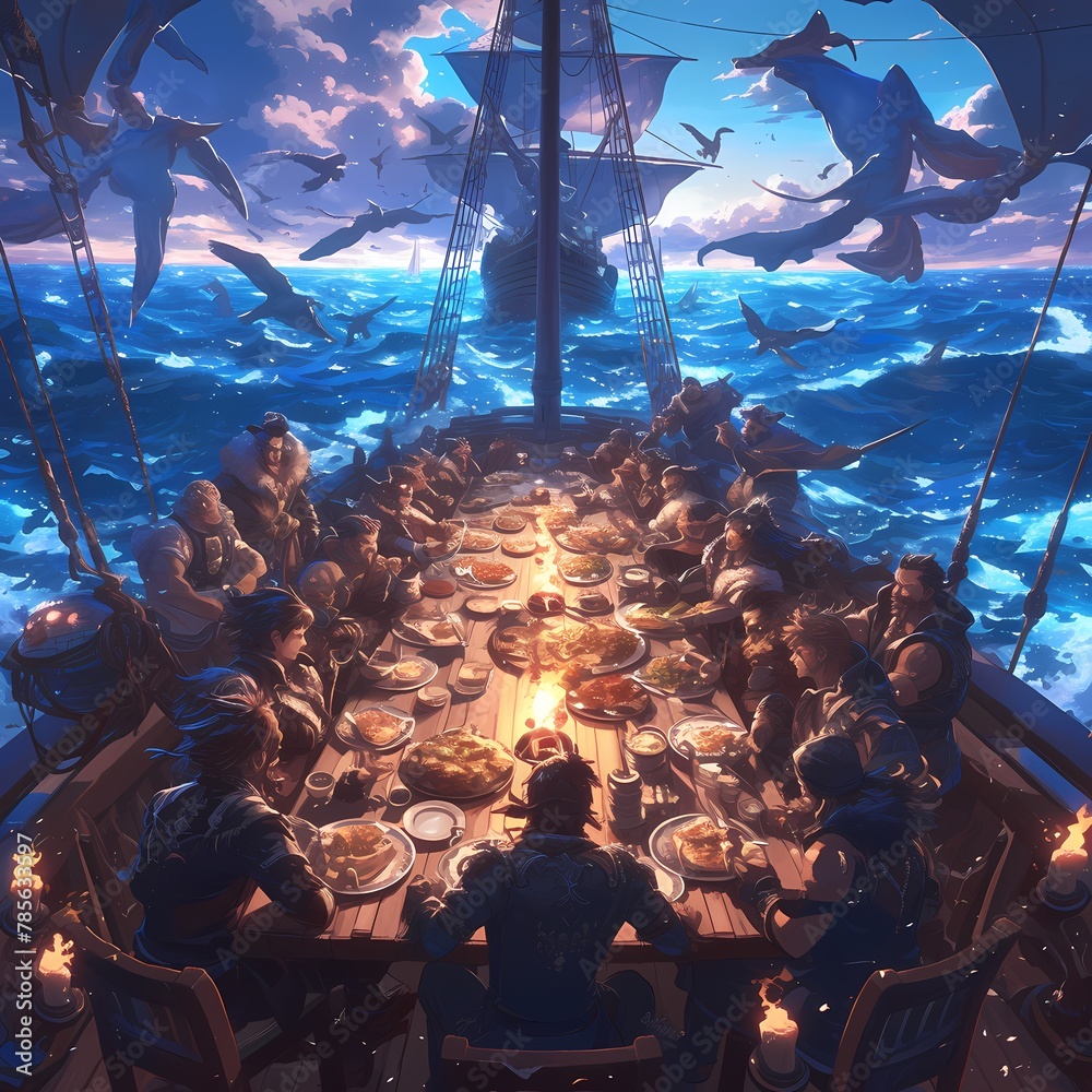 Celebratory Dinner on a Whale-Backed Ship: An Extraordinary Maritime Gathering - obrazy, fototapety, plakaty 
