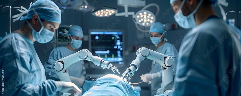 Futuristic Operating Theater with Robotic Arms Guided by Doctors Performing Complex Medical Procedure Futuristic Operating Theater with Robotic Arms Guided by Doctors Performing Complex Medical Procedure