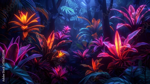 Radiant Neon Jungle - Glowing Digital Art of Flourishing Fantasy Flora