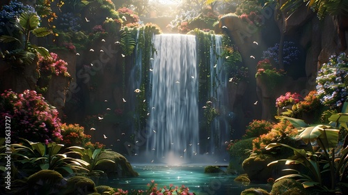 Cascading Waterfall in Lush Tropical Garden of Eden with Ethereal Birdsong and Fragrant Flowers photo