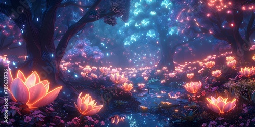 Glowing Neon Flora in Surreal Digital Landscape with Radiant Luminous Foliage and Pulsing Ethereal Atmosphere