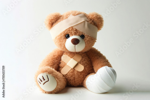 A sick teddy bear with a bandage on on a bright white background