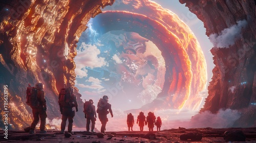 Explorers Stepping Through a Colossal Ancient Dimensional Gateway into Parallel Universes