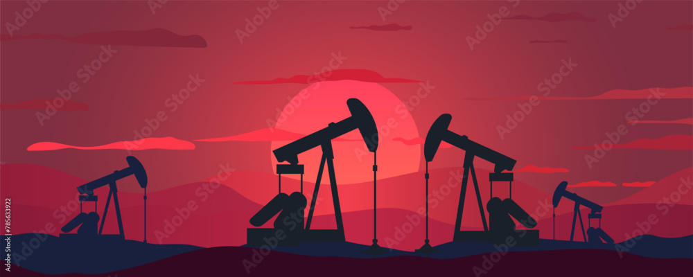 Fototapeta premium Oil industry. Silhouettes of oil pumps on a beautiful landscape with mountains at sunset. Oil well, working pumps and drilling rig, pumping rig. Vector illustration for design.