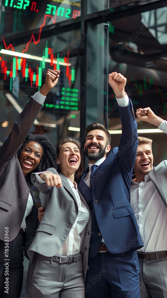 Fototapeta premium Business team celebrating a successful quarter, with a digital stock ticker showing positive results, hyper realistic textures, vibrant colors