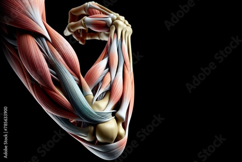 elbow joint connection of bones, Human muscles, human anatomy isolated on black background