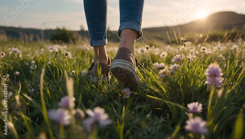Close up of the feet, woman walking on grass, meadow with flowers, female hiking, traveling, having adventure on nature. Active, healthy sport lifestyle. Copyspace.