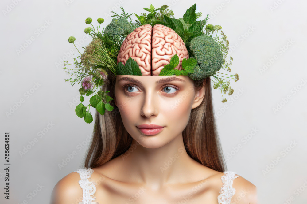 Woman with herbs and brain on her head with healthy thoughts on a white background - obrazy, fototapety, plakaty 