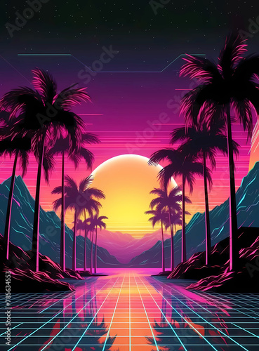 Neon poster of palm trees, ocean, sunset silhouettes with editorial space