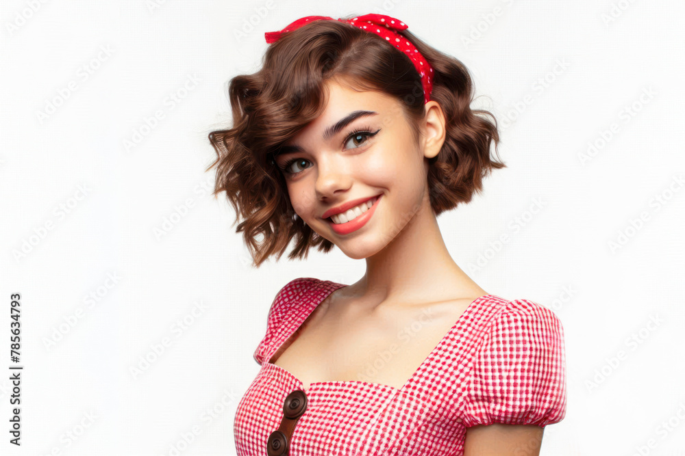 Girl smiling with retro haircut on bright white background Girl smiling with retro haircut on bright white background