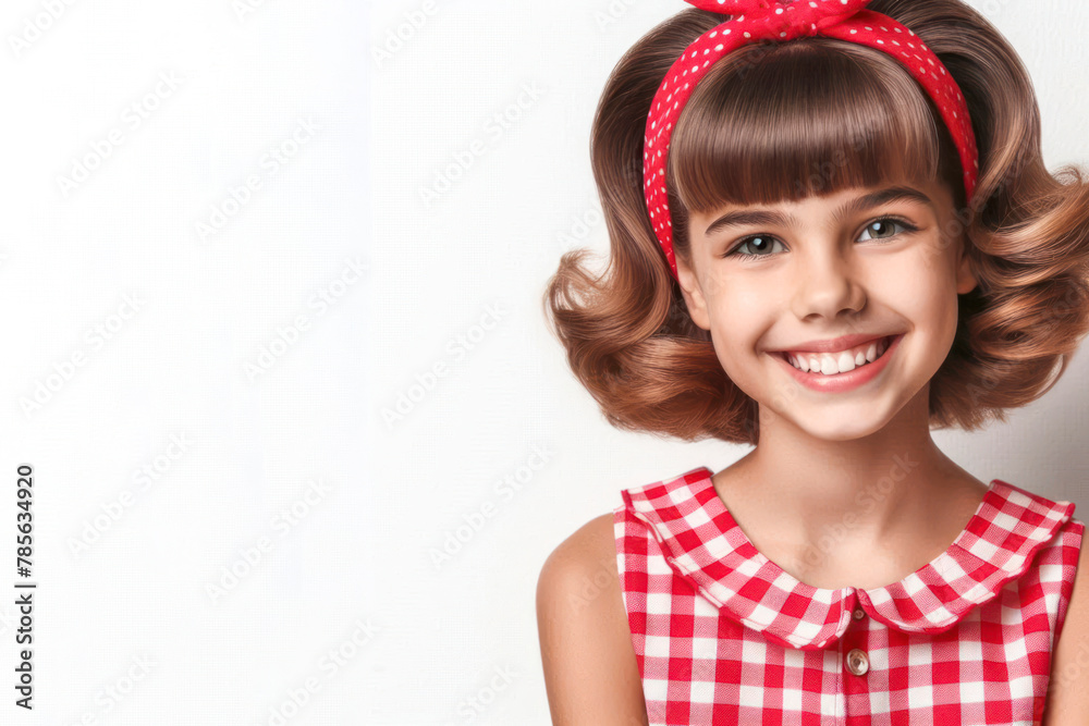 Girl smiling with retro haircut on bright white background Girl smiling with retro haircut on bright white background