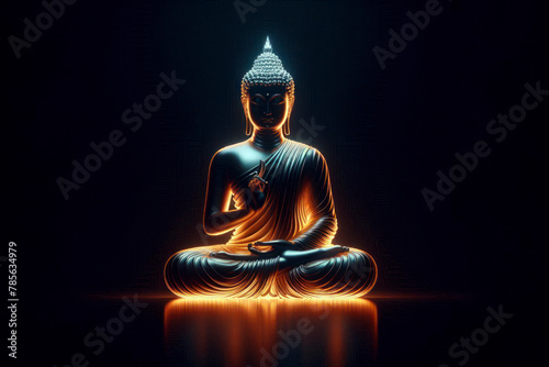 Glowing Meditating buddha statue on black background photo