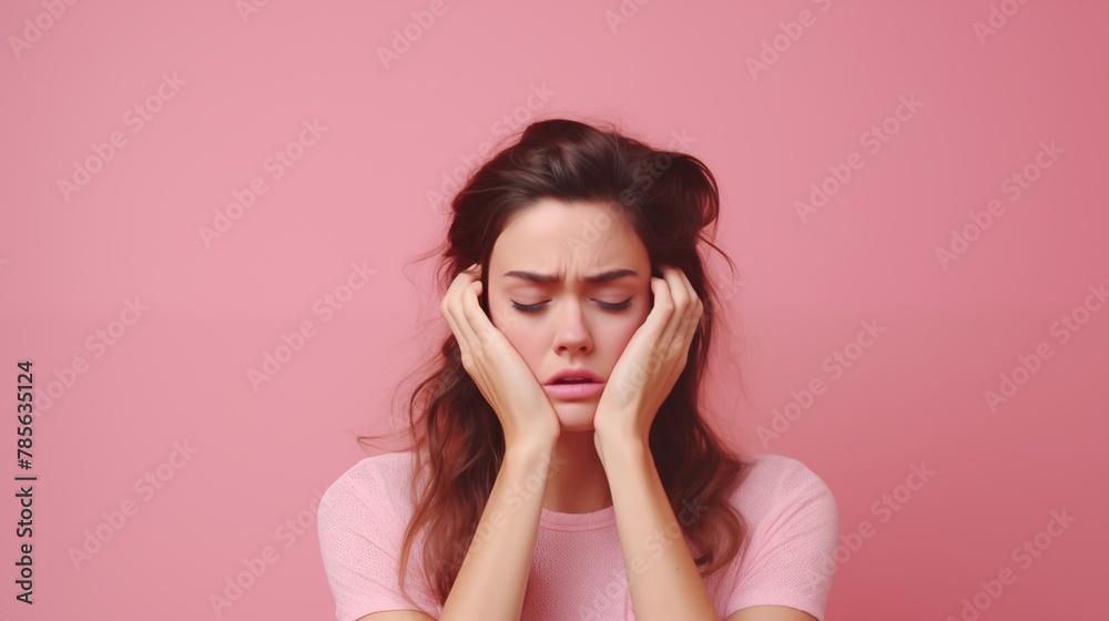 Woman overwhelmed with stress and concern, confusion and doubt, hands to head, on pink background copy space. Woman overwhelmed with stress and concern, confusion and doubt, hands to head, on pink background copy space.