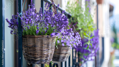 An aromatic corner on a small balcony featuring hanging baskets of lavender and chamomile creating a peaceful retreat.