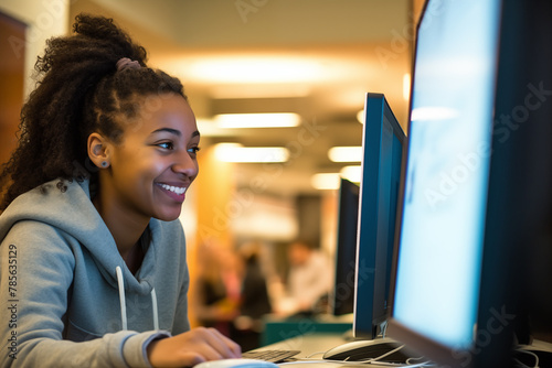 Smiling college student studying for test